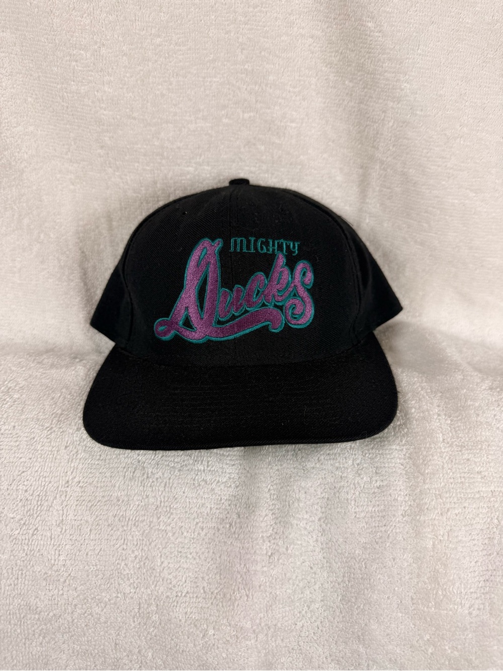 Mighty Ducks Black Snapback Hat with Teal & Purple Embroidery